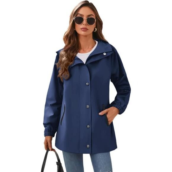 Womens Waterproof Rain Jacket Hooded Lightweight Windbreaker Raincoat Outdoor - Picture 2 of 7